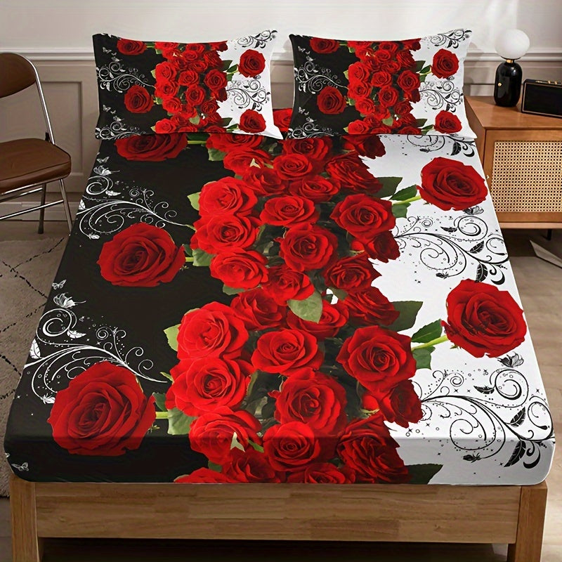 Set the mood with this romantic 3-piece Red Rose Print Fitted Sheet Set. Made from soft, breathable material, this bedding set will provide a comfortable night's sleep. Perfect for the bedroom or guest room, the set includes 1 fitted sheet and 2