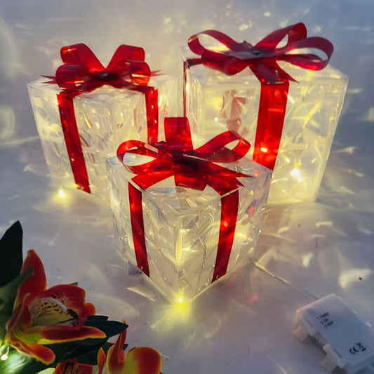 3 Classic LED Lighted Gift Boxes with Red Bows, Battery Operated, Batteries Not Included, Ideal for Holiday Decorations.