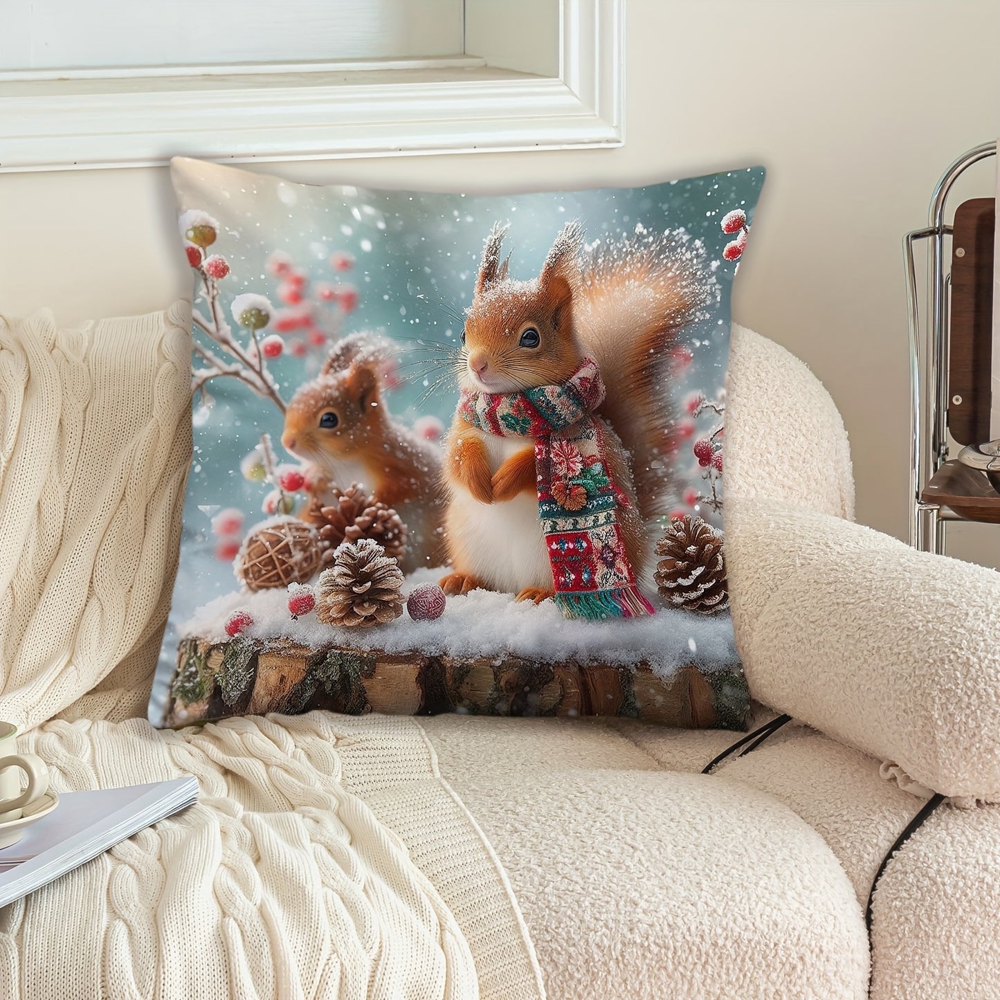 Festive squirrel family Christmas pillow cover in cozy cabin style. Made of machine washable polyester with zip closure. Perfect for home and sofa decor, ideal holiday gift. Insert not included.