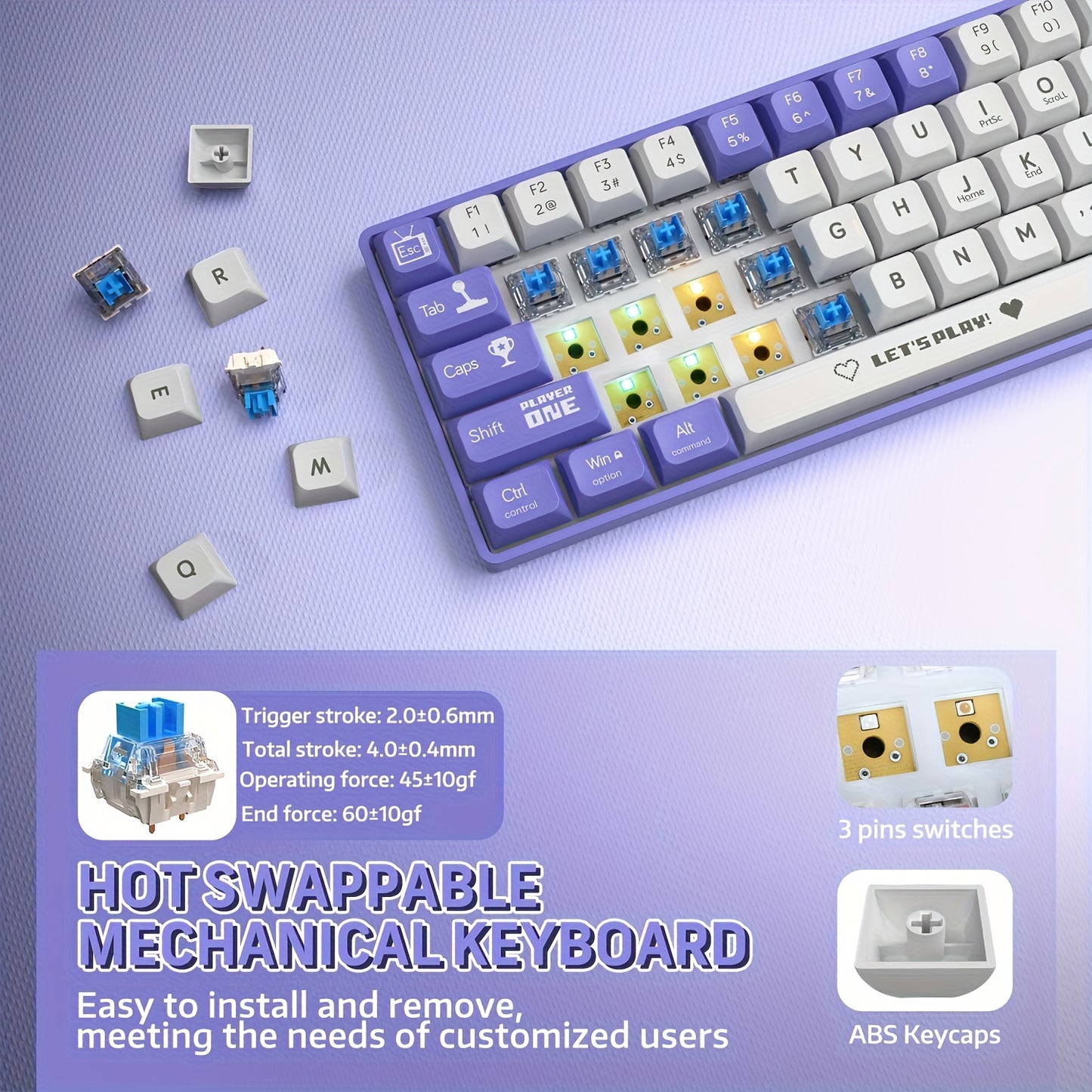 HOOPOND Провода механическая игровая клавиатура - 65% горячая замена, RGB подсветка, красные переключатели, эргономичный дизайн, фиолетовый и белый цвет, совместима с Windows/Mac.