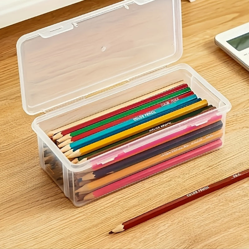 Set of 4 large clear PP storage boxes with lids, ideal for organizing office and school supplies like pens, pencils, markers, and crafts.