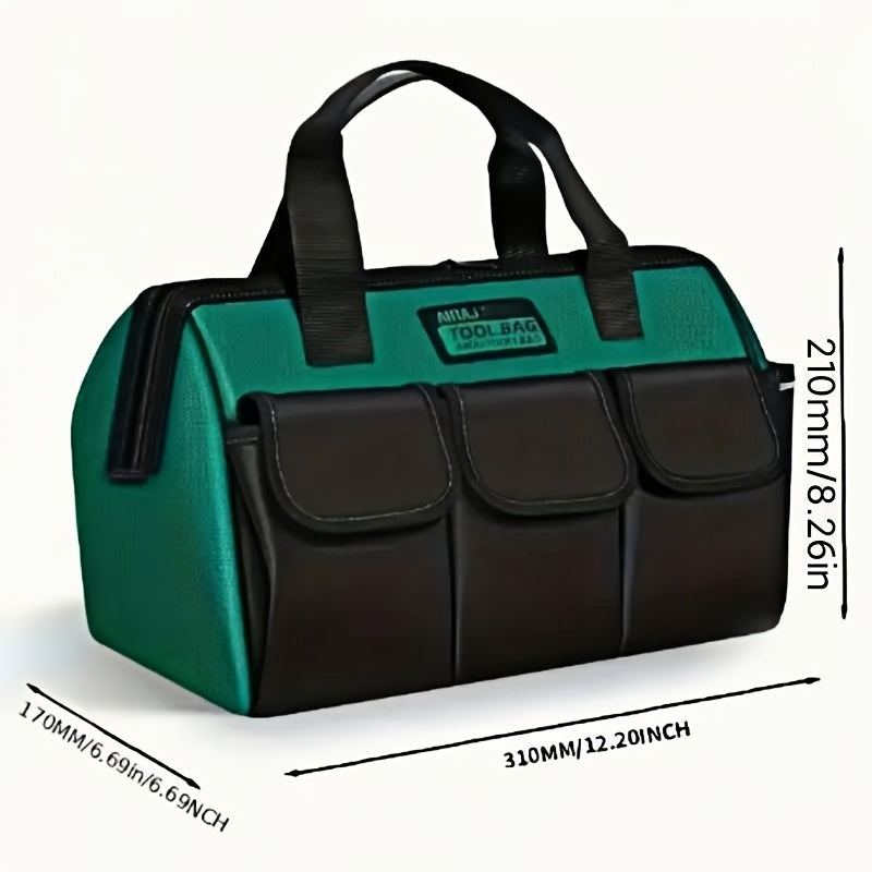 Waterproof tool bag with reflective strips, thick canvas, green, no printing.