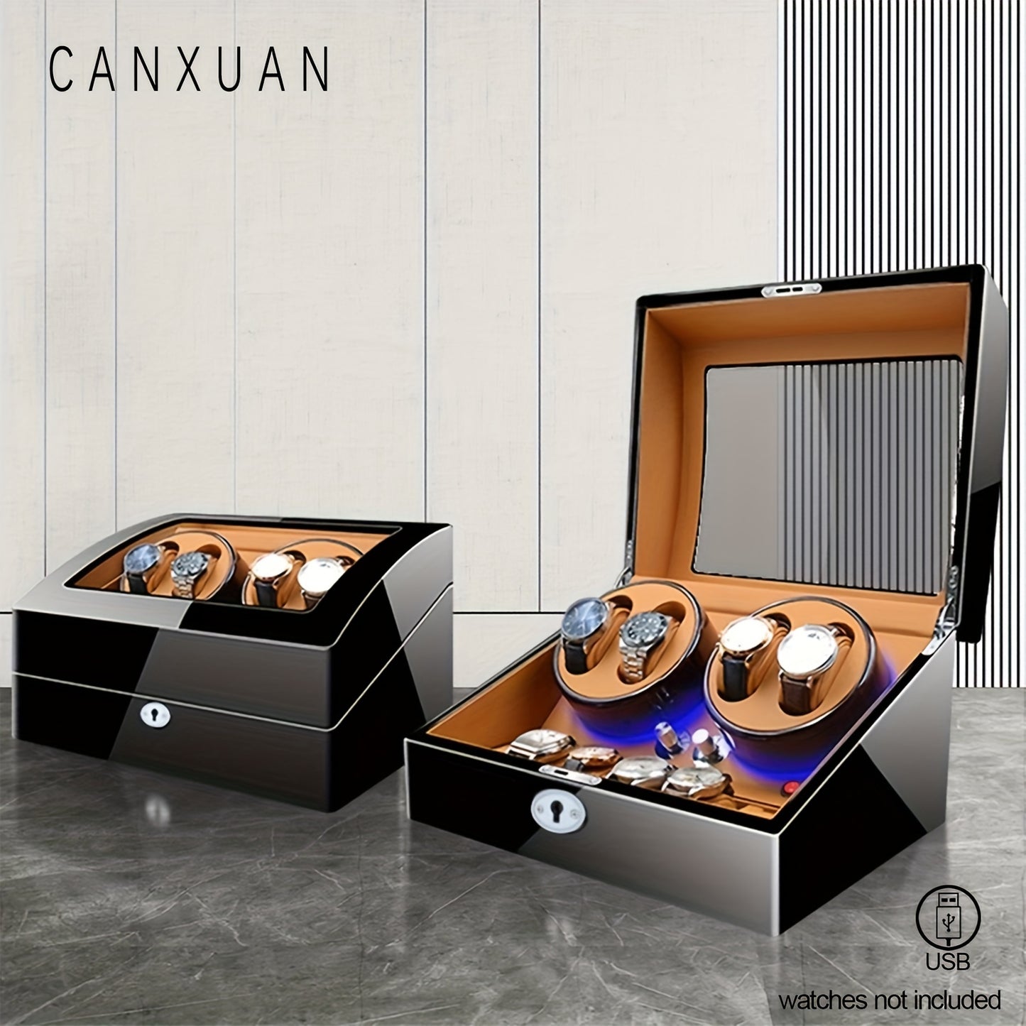 1 pc CANXUAN automatic watch winder box with 4+6 slots, quiet motors, key lock, LED light, soft pillow, faux leather, USB-powered, suitable for men's and women's watches, battery not