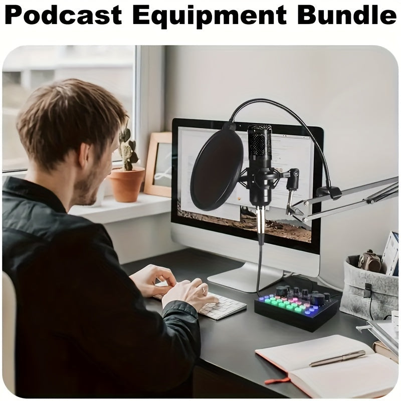 Podcast equipment set with BM-800 microphone, V8s+ sound card, and condenser microphone for laptop vlog live streaming.