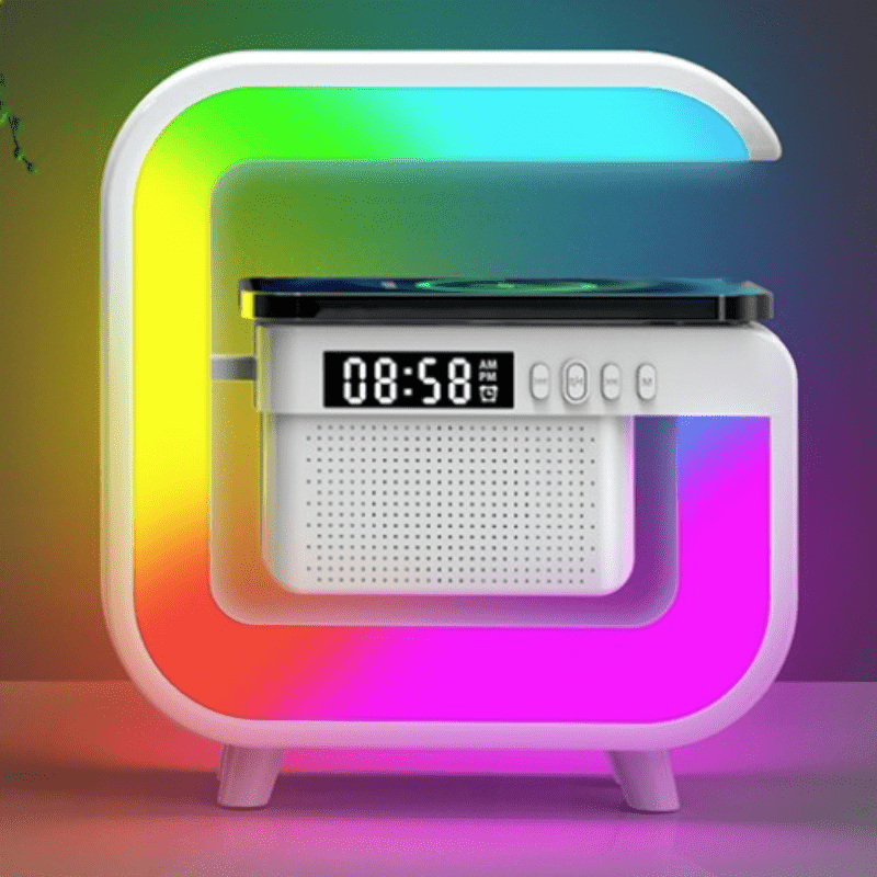 Multifunctional wireless music station with atmosphere light, alarm clock, 24-hour time display, wireless charging, TF card MP3 playback for use in home bedroom.