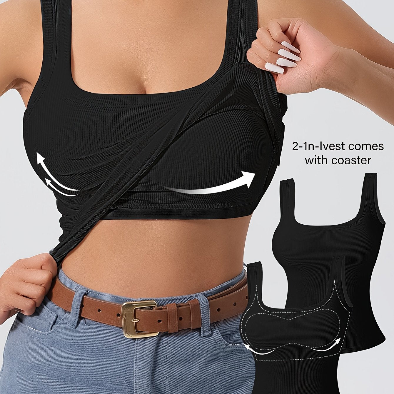 2 Simple Solid Square Neck Tank Tops with padded backless design for women's lingerie and underwear.