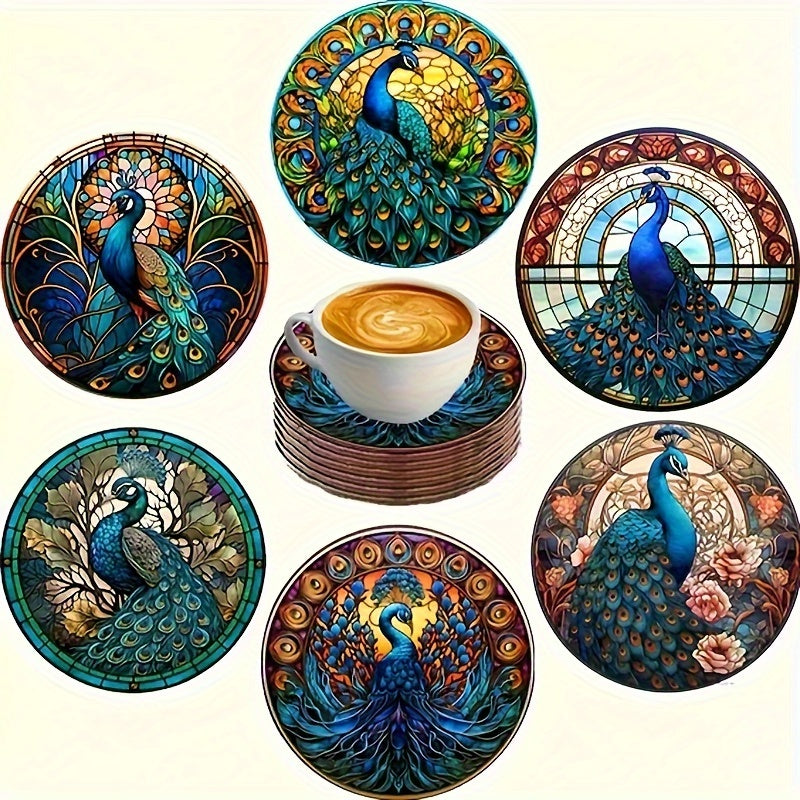 6 beautiful peacock coasters, 10cm/3.9in in size, ideal for coffee and tea, and a stylish addition to any kitchen or living room. Made of synthetic material.