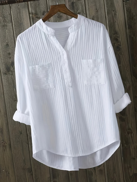 Machine washable women's white linen blend shirt with long sleeves, v-neck, and button detail.