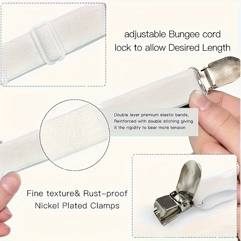 This adjustable elastic bed sheet strap features 12 non-slip clips, ideal for use at home or in hotels. It comes in white.