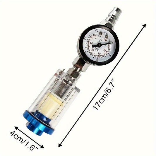 Air filter regulator with pressure gauge, moisture separator, durable construction and uncharged operation. Compatible with standard spray guns and accessories.