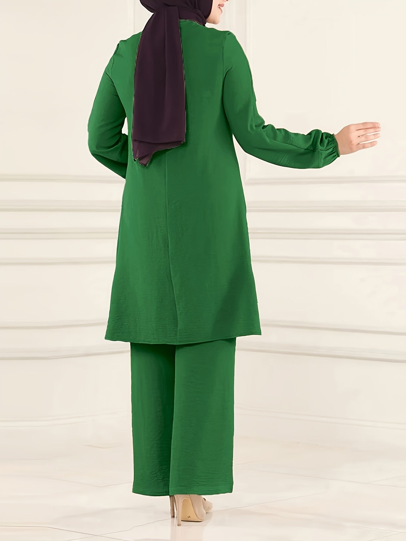 Ramadan Elegant Solid Muslim Two-piece Set for Women: Long Sleeve Crew Neck Top with Straight Leg Pants.