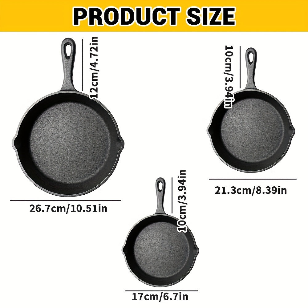 Three-piece Set of Cast Iron Frying Pans - Non-Stick, Oven Safe, Suitable for Indoor & Outdoor Use, Hand Wash Only - Includes 17cm, 21cm, and 26cm Cookware