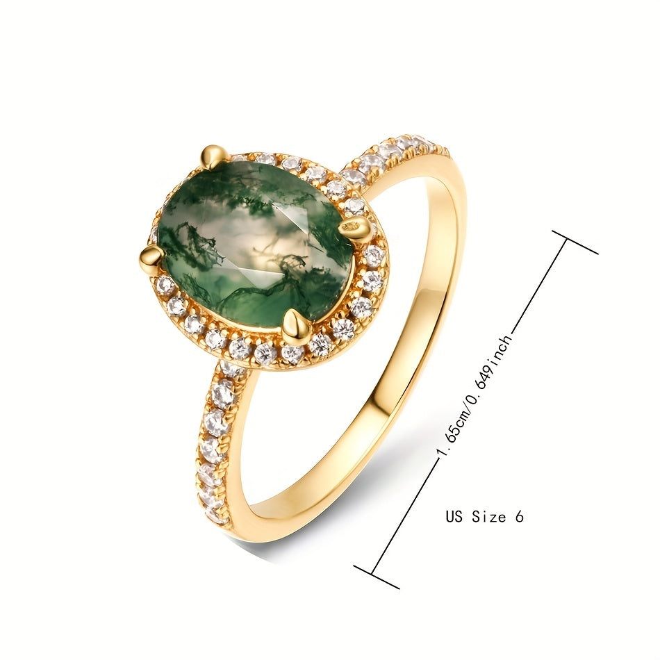 Perfect Christmas Gift For Your Loved One - High Quality, Dainty 925 Sterling Silver Ring with 14k Plated Inlaid Moss Agate, Ideal Party Accessory for Females.