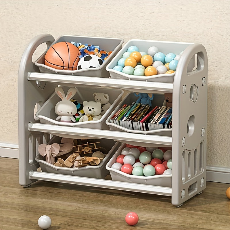 Home storage rack with 6 boxes for easy organization of clothes, toys, books, and other items. Simple installation.