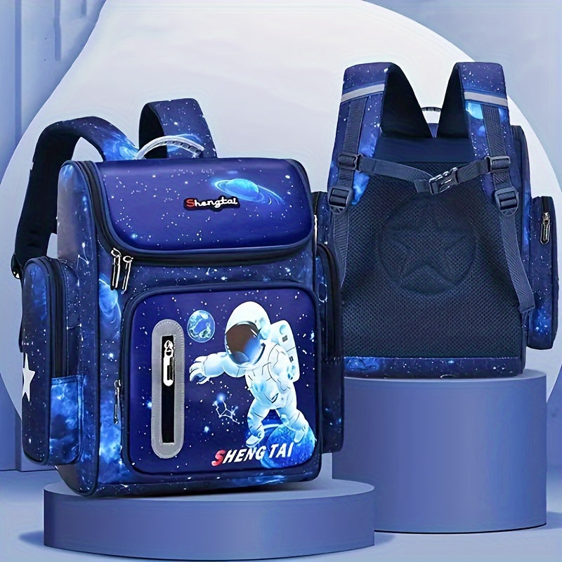 Waterproof school bag featuring cartoon astronaut design and large capacity.