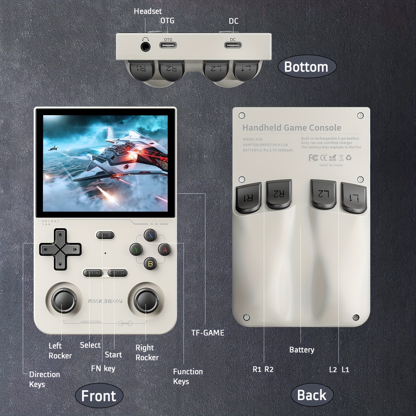 Open-source portable gaming console with long battery life, 3.5-inch HD screen, 64GB TF card, OTG adapter, USB charging cable, and multi-language support.