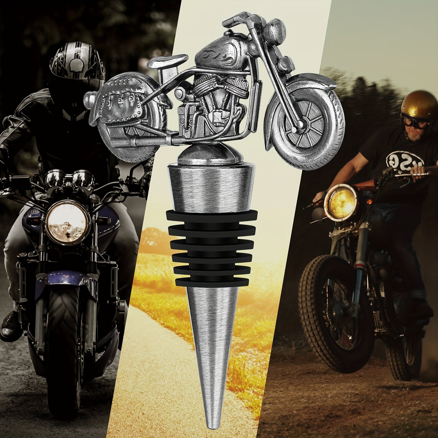 Motorcycle wine stopper ideal for men who ride, perfect for gifting.