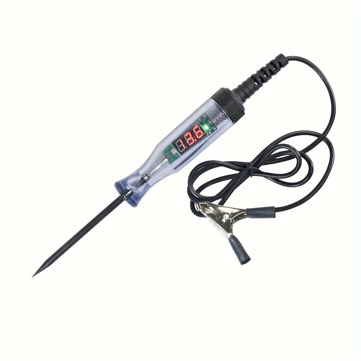 Automotive diagnostic test pen with digital display and long probe for cars and trucks. Durable ABS, high precision 0.1V, 36V max, battery-free. Essential tool for auto repair and battery