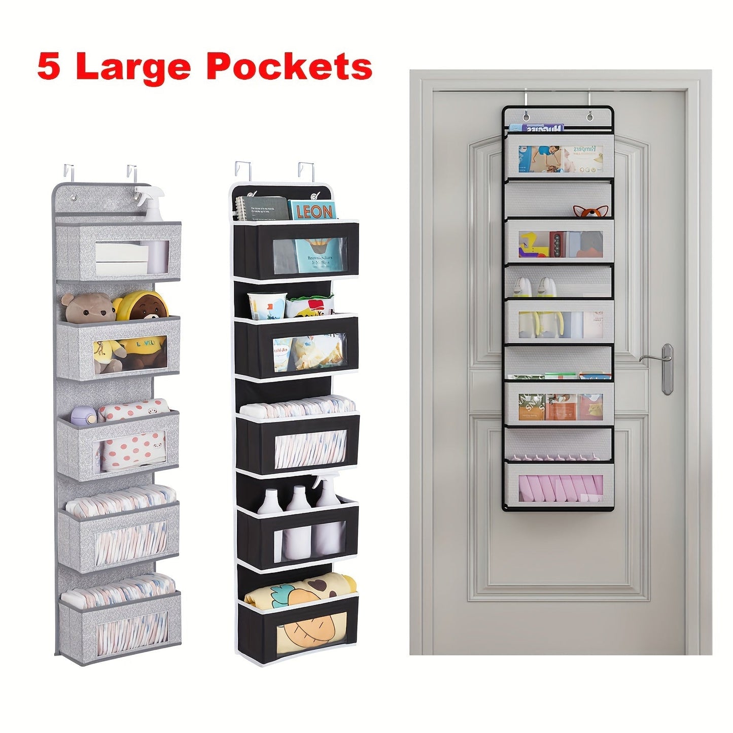 Wall Mounted Hanging Organizer Storage with 2 Metal Hooks, Ideal for Wardrobe, Closet, Dorm, Bathroom, Kitchen. Perfect for storing bags, baby diaper bags, and other items.