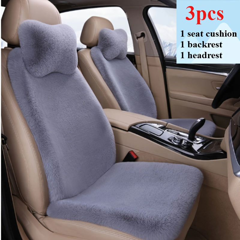 3-piece plush pink car seat cover set for front row with cushion, backrest, and neck pillow, perfect for winter comfort.