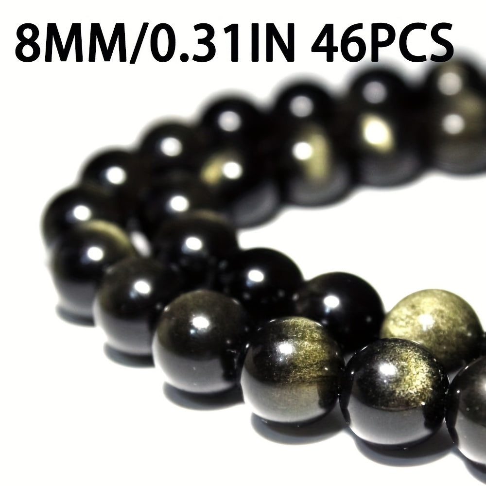 Golden Obsidian Loose Beads Set - 46 pieces of 8mm natural stone beads for DIY jewelry making, perfect for bracelets, necklaces, earrings. Create healing crystal jewelry with these beautiful accessories. Ideal for stringing beads and creating unique