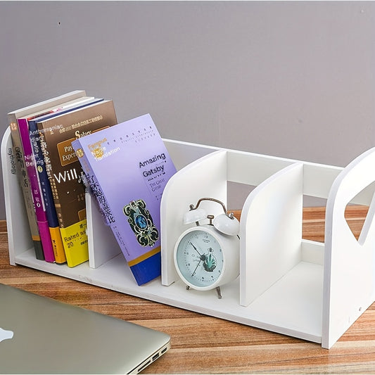 White PVC Desktop Bookcase - Compact and Sturdy Storage Shelf for Books, Laptops, and Decorative Items - Ideal for Bedroom, Dormitory, or Office Desk Organization.