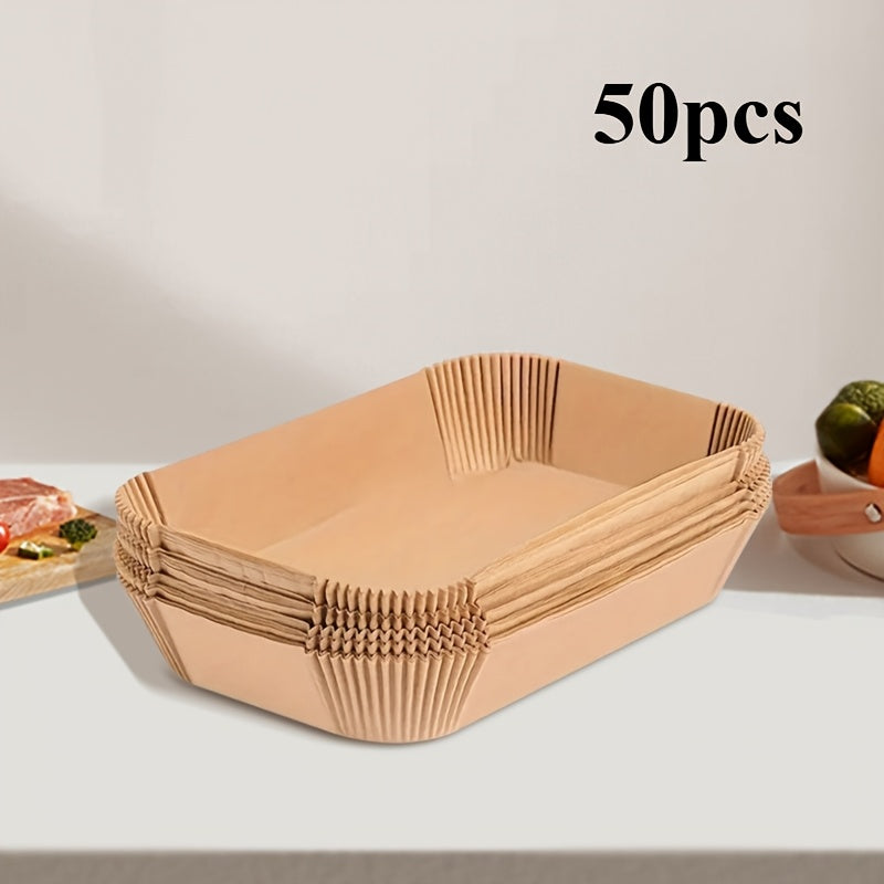 Large Rectangular Silicone Paper Air Fryer Liners - 50pcs/100pcs Available. Non-Stick, Easy to Clean, Space-Saving, and Oven Safe. Disposable Paper Baskets for Baking, Cooking, and Serving Food. Ideal Kitchen Tool for Home Chefs.