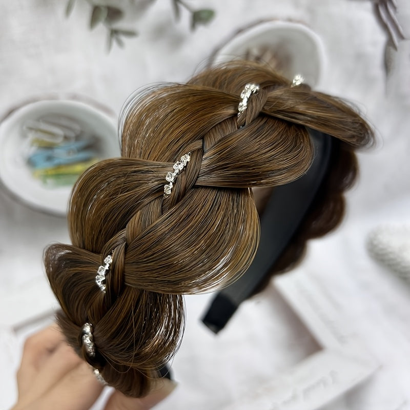 Women's rhinestone fishbone braided headband with non-slip design, elevating style, and trendy hair accessory.