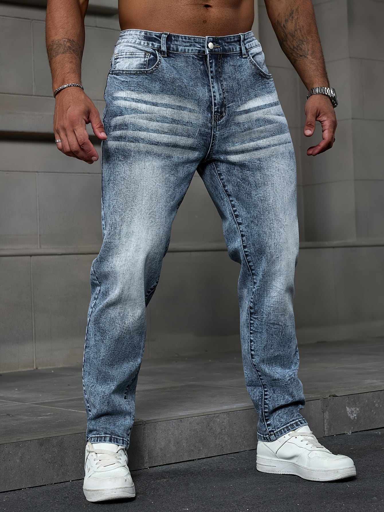 Men's plus size stretch denim jeans with snowflake detail. Casual, high-stretch, machine washable, solid color.