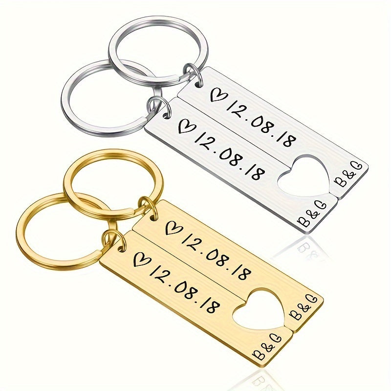 Personalized Hipster Style Couple Keychains with Date, made of high-quality stainless steel. Ideal Gift for Anniversary, Birthday, or Father's Day.