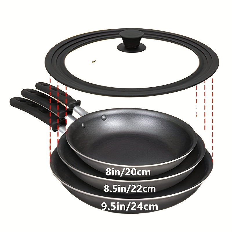 Universal pot and pan cover for kitchen made of 1pc multi-ply tempered glass lid with a heat resistant silicone ring. Fits 15.24cm-33.02cm cookware.