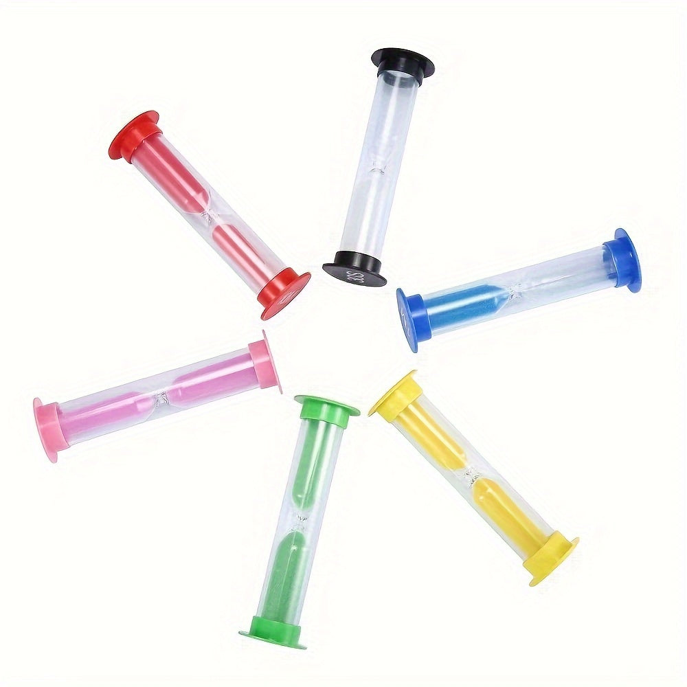 Set of 6 colorful mini sand timers for school or office.