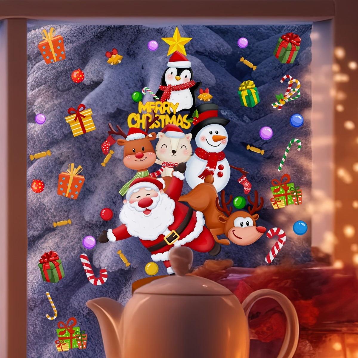 Get into the holiday spirit with our Christmas Cheer Window Clings featuring a whimsical Santa and Reindeer Design. Each cling measures 20x30cm and is double-sided for easy viewing from both inside and outside. These electrostatic glass decals are