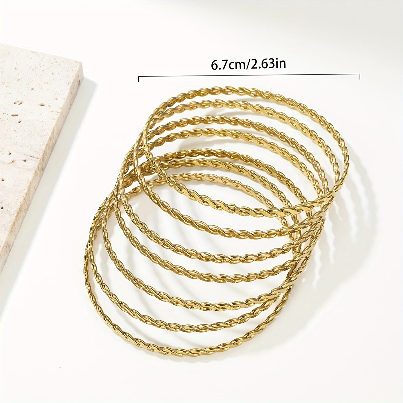 Set of 7 Vintage Boho Bangle Bracelets featuring a Simple Weave Design, 18K Golden Plated Stainless Steel, Ideal for Women for both Everyday and Special Occasions