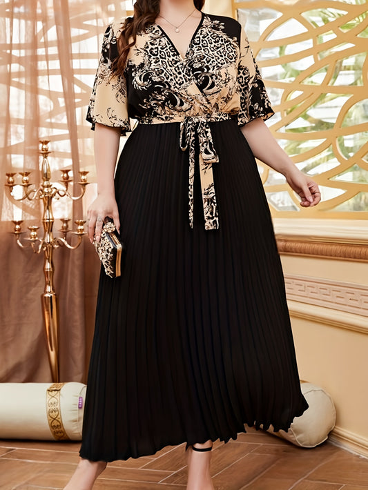 Floral Print Pleated Dress with Belt, Plus Size Surplice Neck Dress