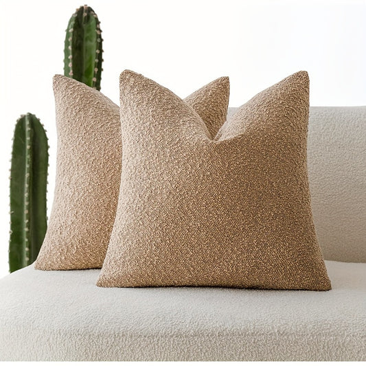 2 Beige Bocwre Soft Imitation Lamb Fleece Throw Pillow Covers in modern bohemian style. Machine washable with zip closure. Perfect for sofa, bedroom, or living room.