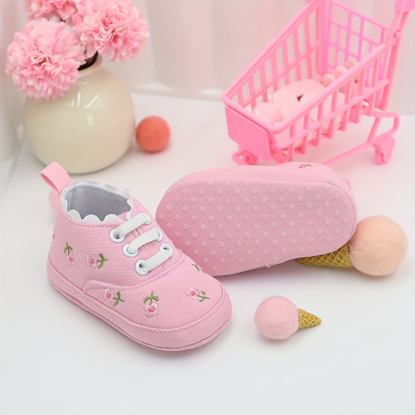 RABEISIR Floral Baby Girl First Walker Shoes in various colors, with soft sole Mary Jane style for parties and leisure activities.