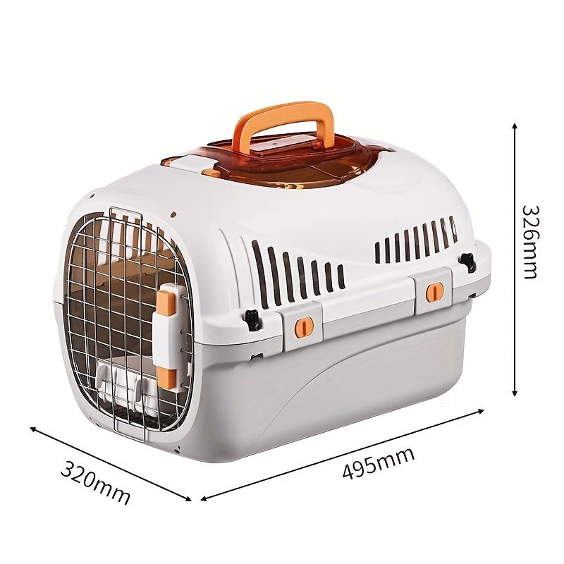 Portable cat carrier box made of PP material with breathable design, safety buckle door, all-season pet travel case, easy access/feeding, panoramic skylight, for home & outdoor use.