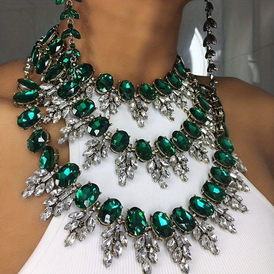 [Crowd Favorite] Stylish Rhinestone Body Chain Necklace for Women, made of Alloy with Green and Clear Crystal Accents, a Versatile Statement Piece