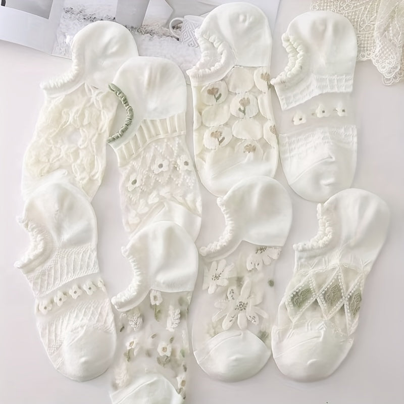 Set of 8 pairs of white crystal socks, perfect for summer with cool and breathable mesh design.