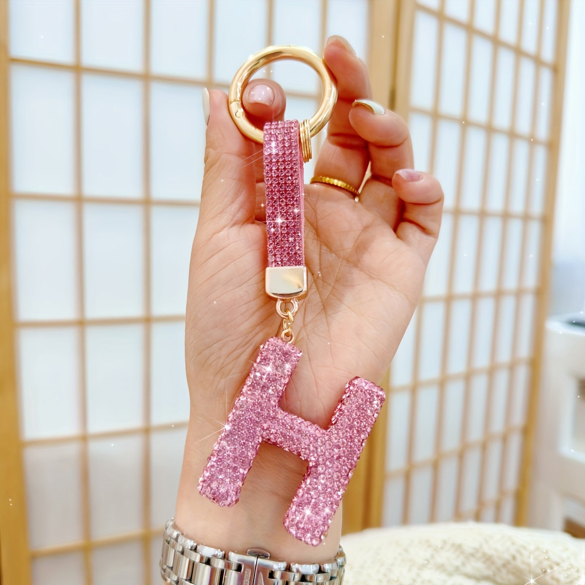 Personalized Initial Keyring - Shiny Key Ring Accessory with Alloy Rhinestone Alphabet Pendant in Pink, 1pc Charm for Women, Ring Buckle Decoration, Great Birthday or Festival Gift - Choose from Letters A-Z