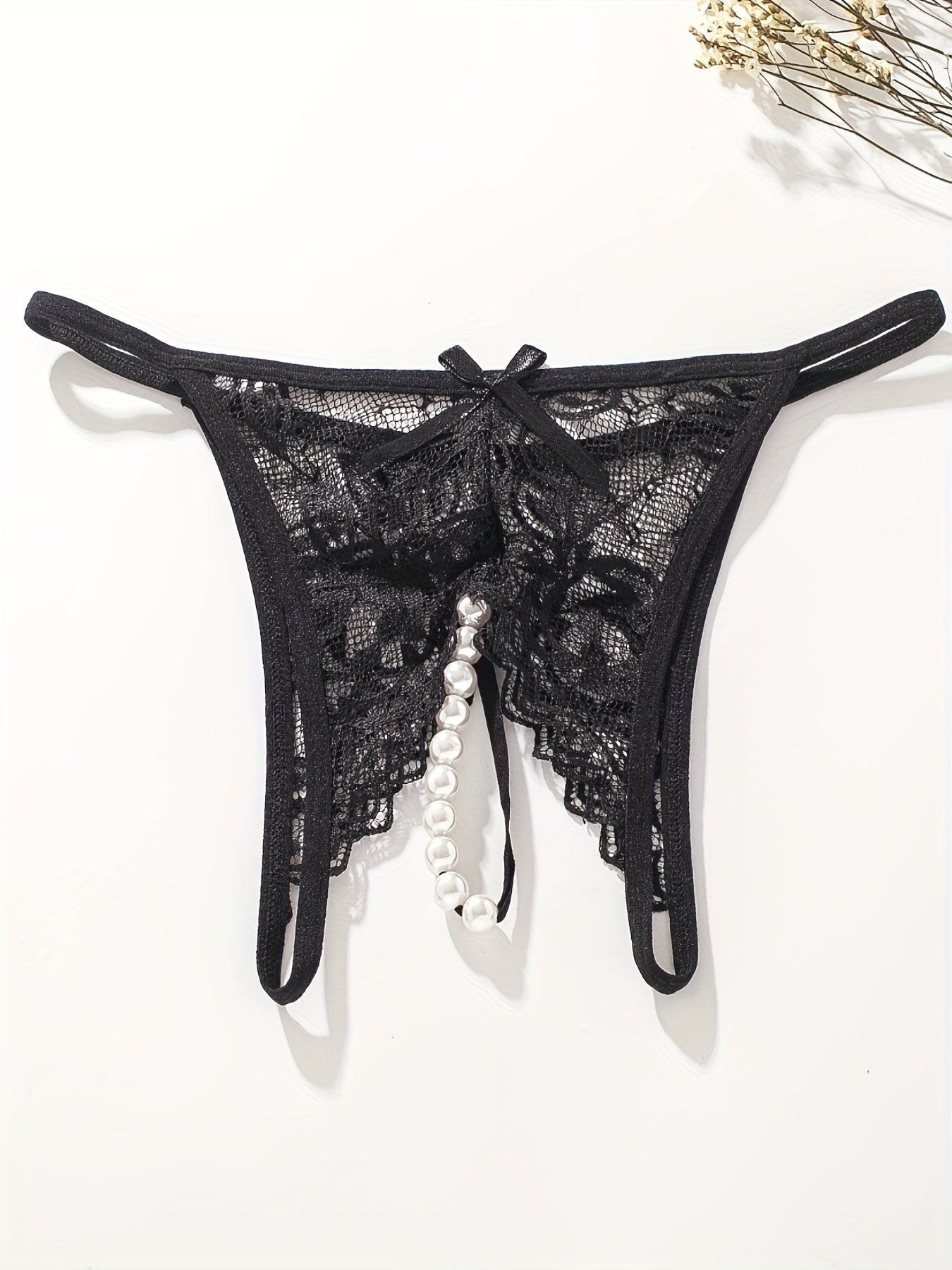 Floral lace thongs with faux pearl detail and open crotch - sexy and comfortable lingerie