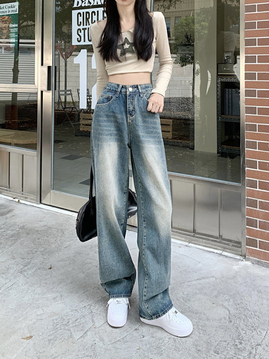 Vintage High-Waist Straight Leg Jeans for Women - 85% Cotton, 15% Polyester, Non-Stretch Denim, Solid Color, Wide Loose Fit Trousers