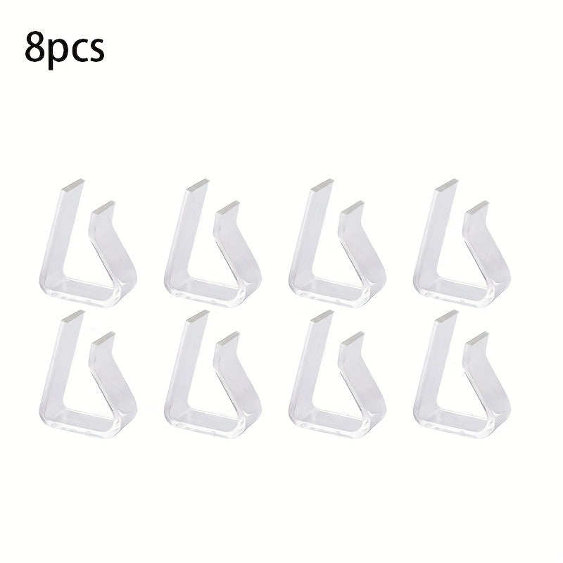 These transparent tablecloth clips come in a pack of 8 and are perfect for securing your tablecloth in place for indoor and outdoor events. Made from white polypropylene (PP), these clips are hand wash only. Great for meetings and parties.