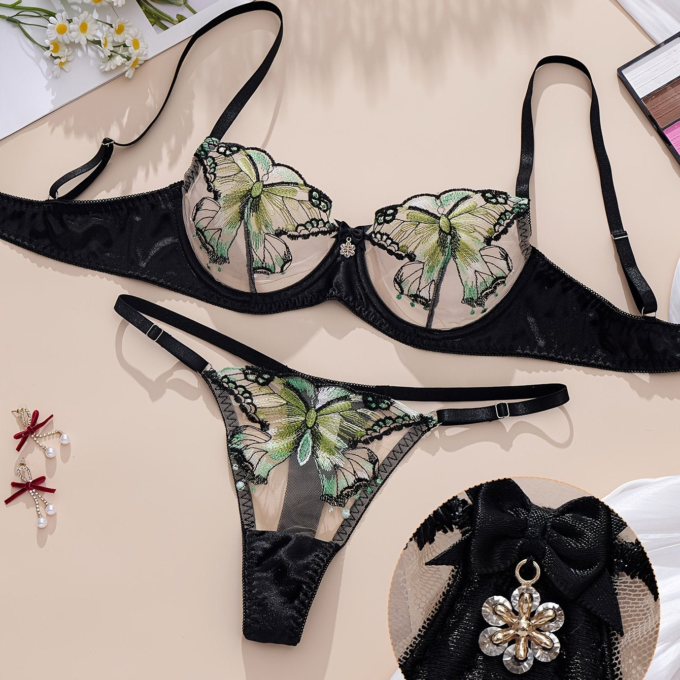 Sophisticated butterfly lingerie set with sheer mesh and embroidered details, includes underwire bra and thong in breathable fabric, hand washable.