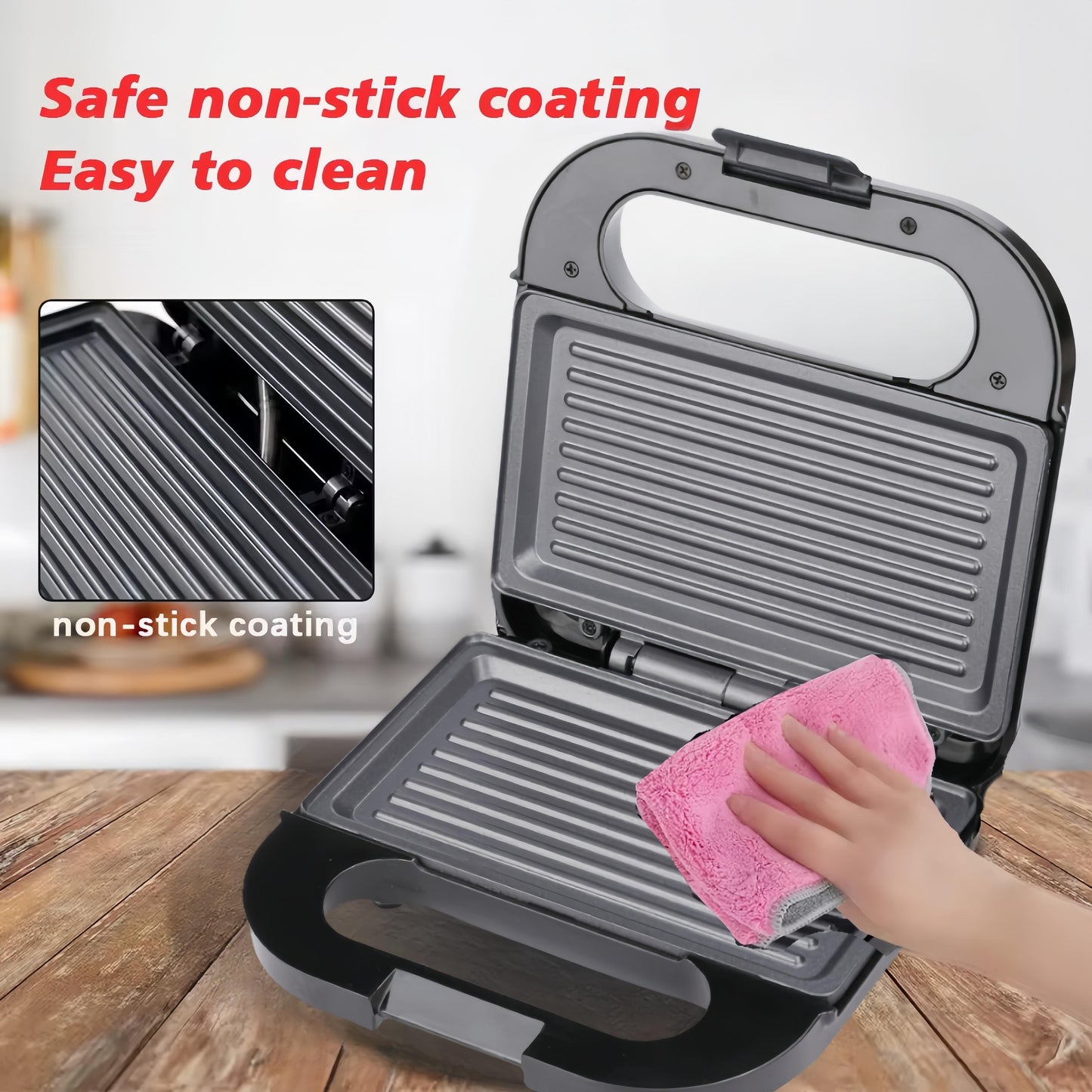 Double-sided 750W sandwich maker with non-stick coating, easy to clean. Ideal for toast, waffles, and veggies. 220-240V US plug.