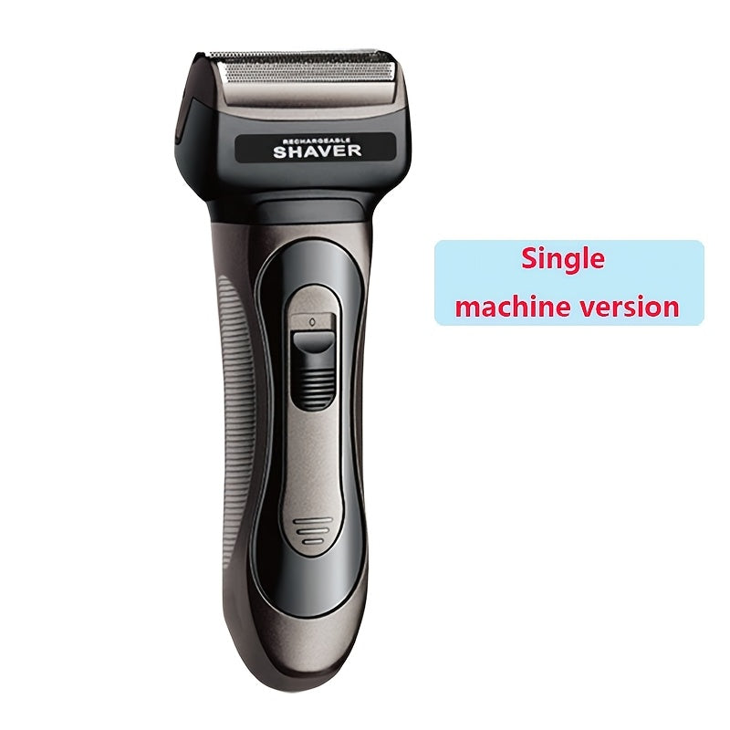 USB rechargeable electric shaver, nose hair trimmer, and hair clipper in one grooming kit. Includes 600mAh nickel battery and hypoallergenic precision blades. Made of durable ABS plastic.