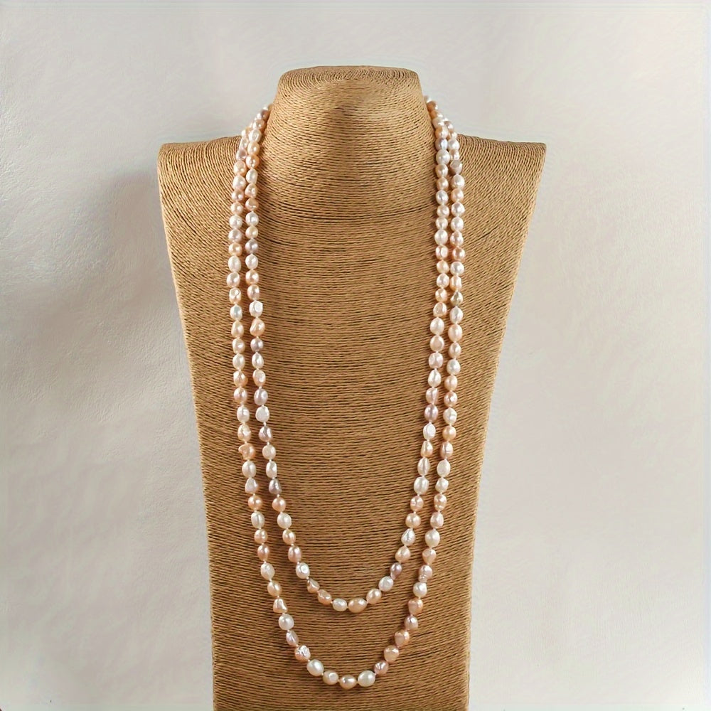 Stylish Bohemian Women's Freshwater Pearl Necklace, featuring Natural Irregular Beads in Orange Heart design. Ideal for both Daily Wear and Vacation. Measures 160cm in length with a charming White and Purple Mix. Exudes French Luxury.