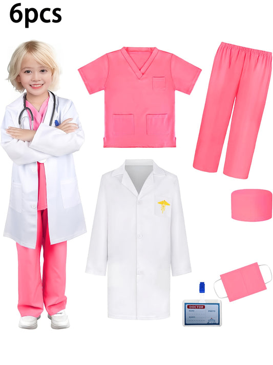 6-piece set of doctor/nurse costume for 3-7 year-olds, including V-neck top, pants, hat, buttons, chest card, and embroidered white coat. Perfect for role-playing, parties, holidays, and