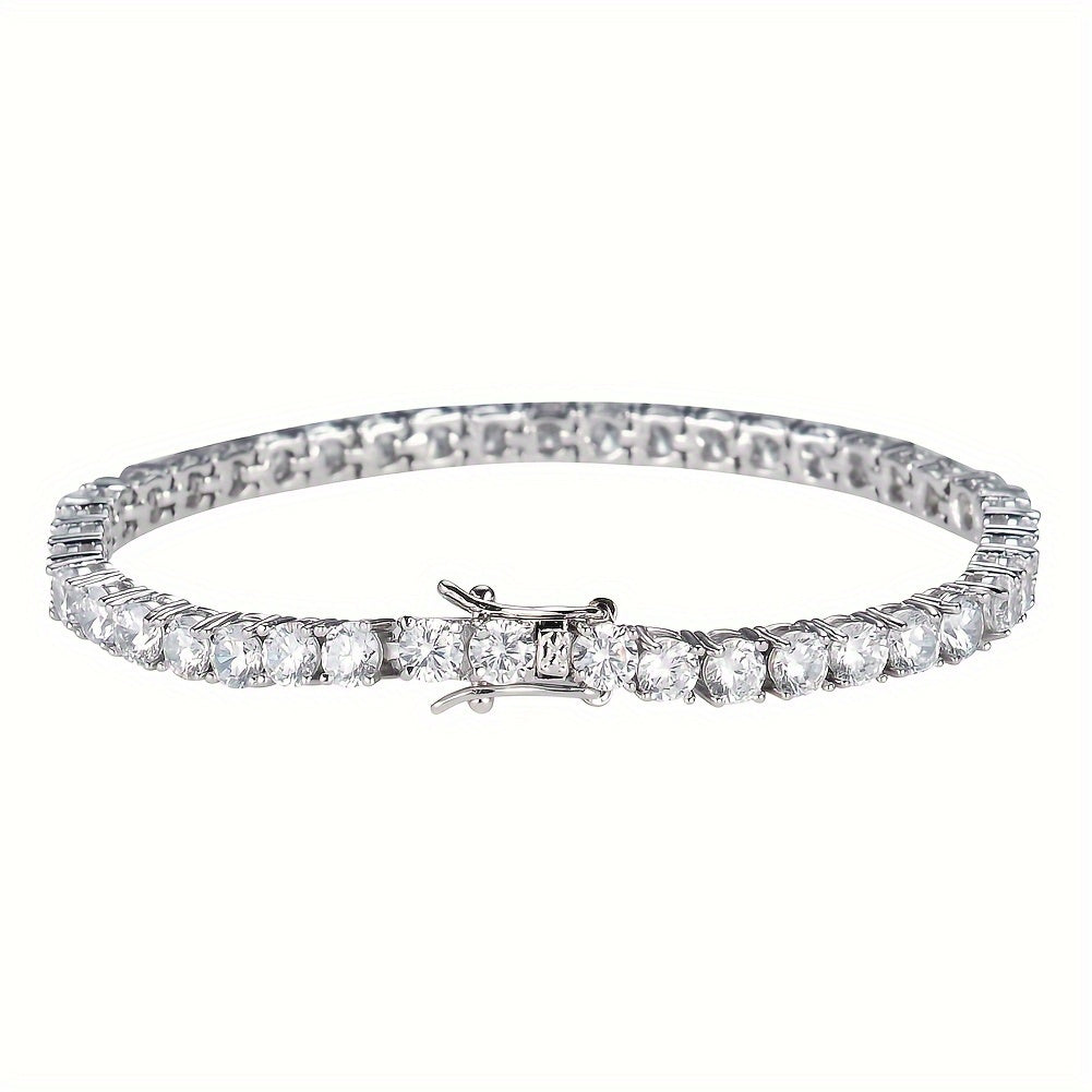 Add a touch of luxury to your wrist with this stunning Moissanite Tennis Bracelet. Available in 10.5-14 carats, this lab-created simulated diamond bracelet features a dazzling 18k white gold plated 925 sterling silvery design. The 4mm D Color VVS1 round